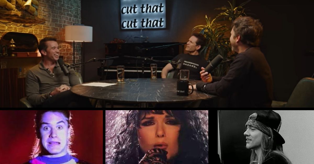 Comp image of Always Sunny podcast, Heart's Ann Wilson, Faith No More's Mike Patton and Guns N' Roses Axl Rose