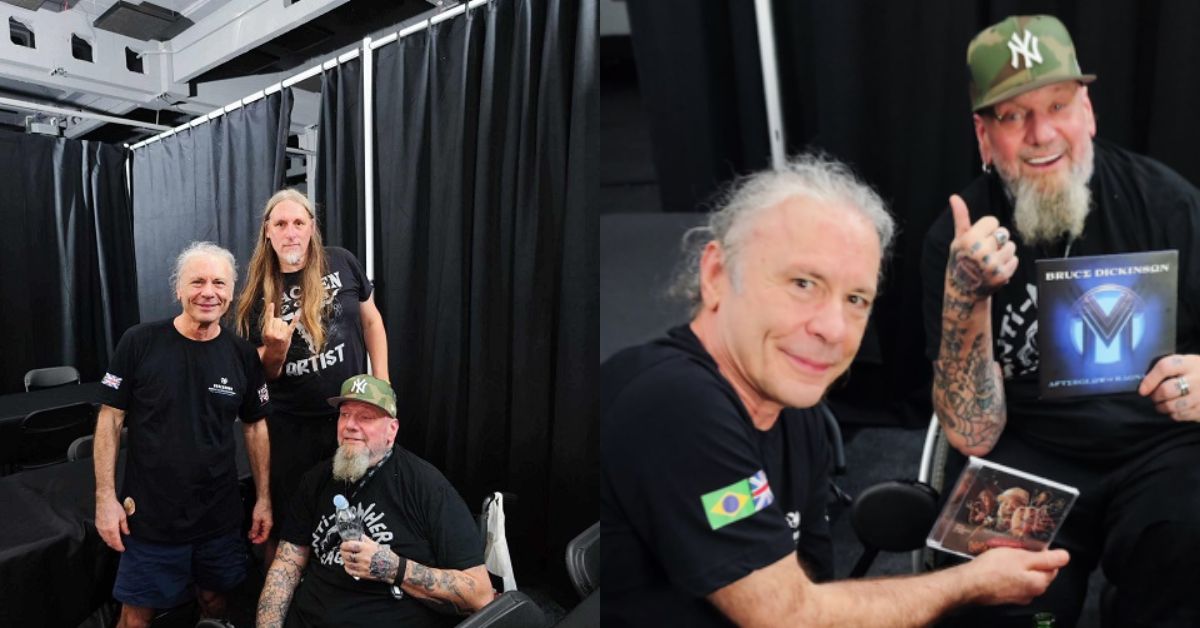 Two photos of Bruce Dickinson and Paul Di'Anno meeting at a signing event in Croatia