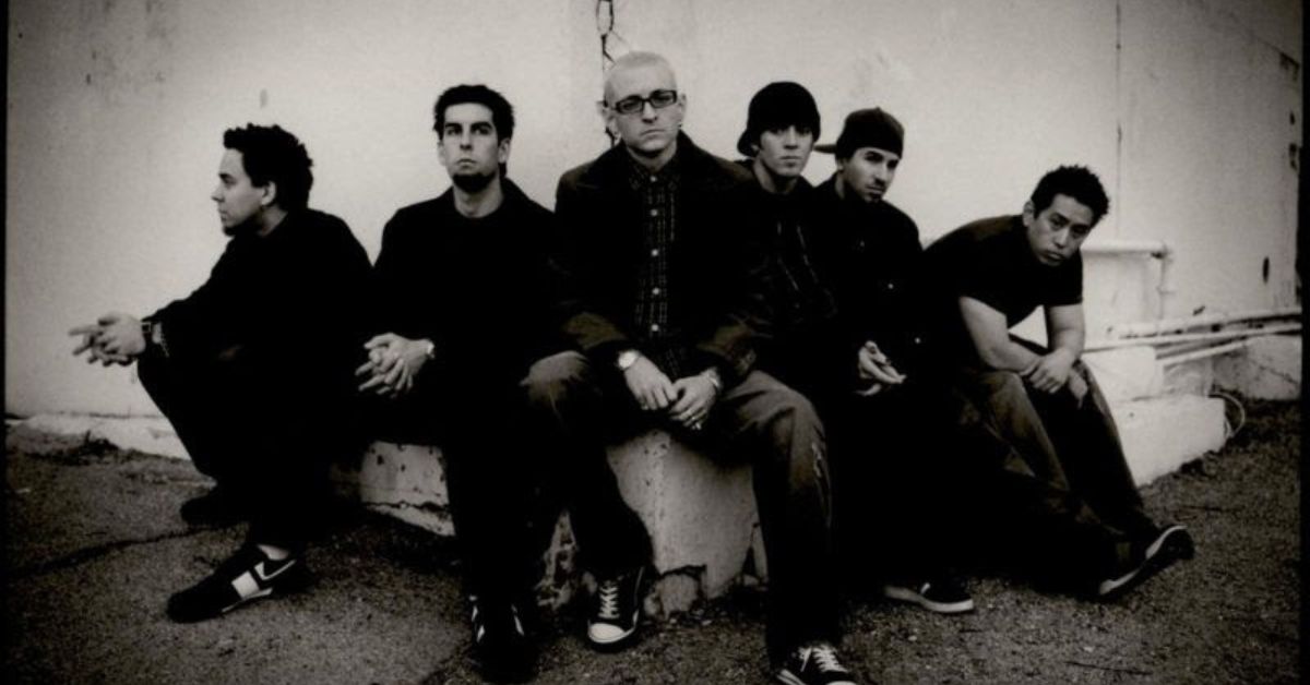 A black and white photo of Linkin Park