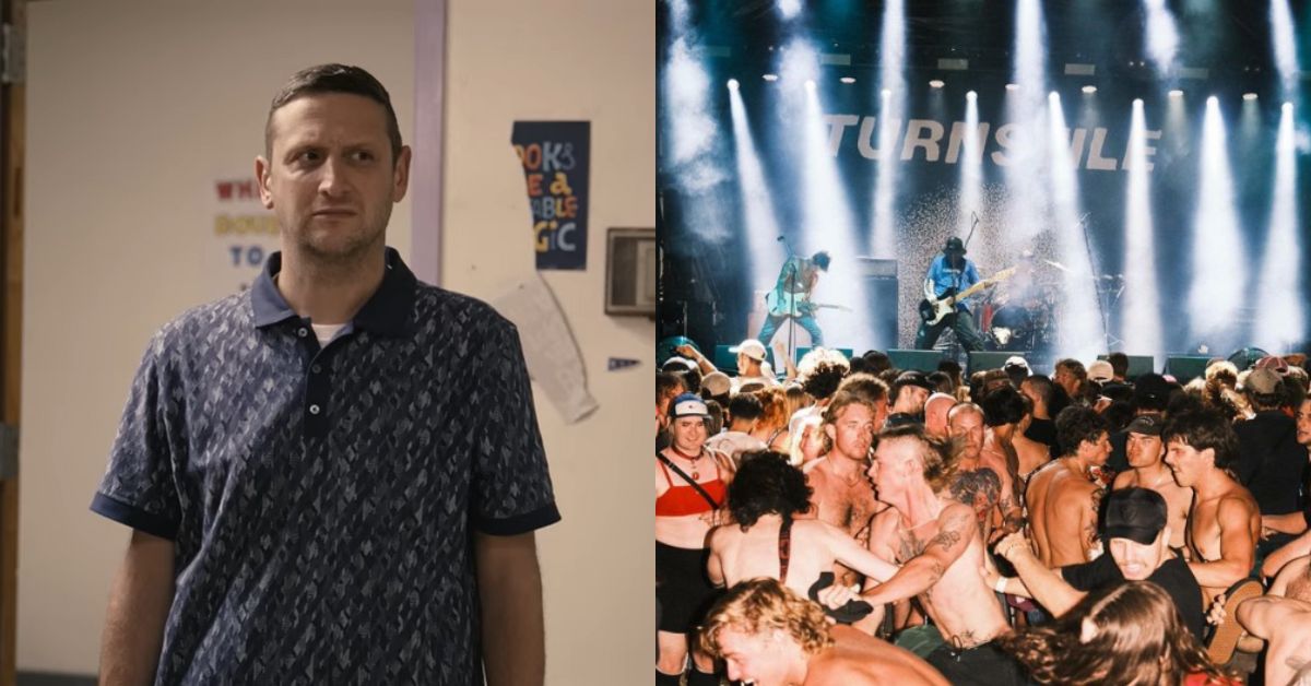 A comp image of Tim Robinson from I Think You Should Leave and a picture of Turnstile performing live
