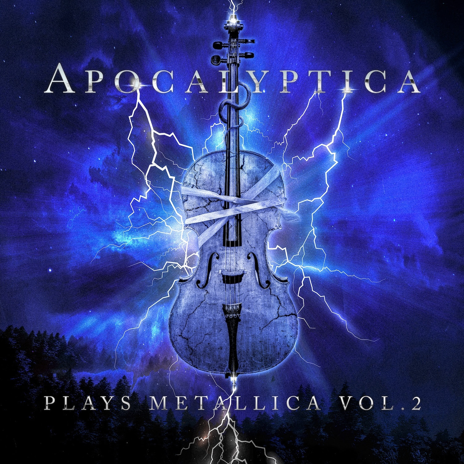 Apocalyptica album cover for 'Plays Metallica Vol.2' depicting a cello against a night sky background with lightning surrounding it in a similar style to Ride The Lightning by Metallica