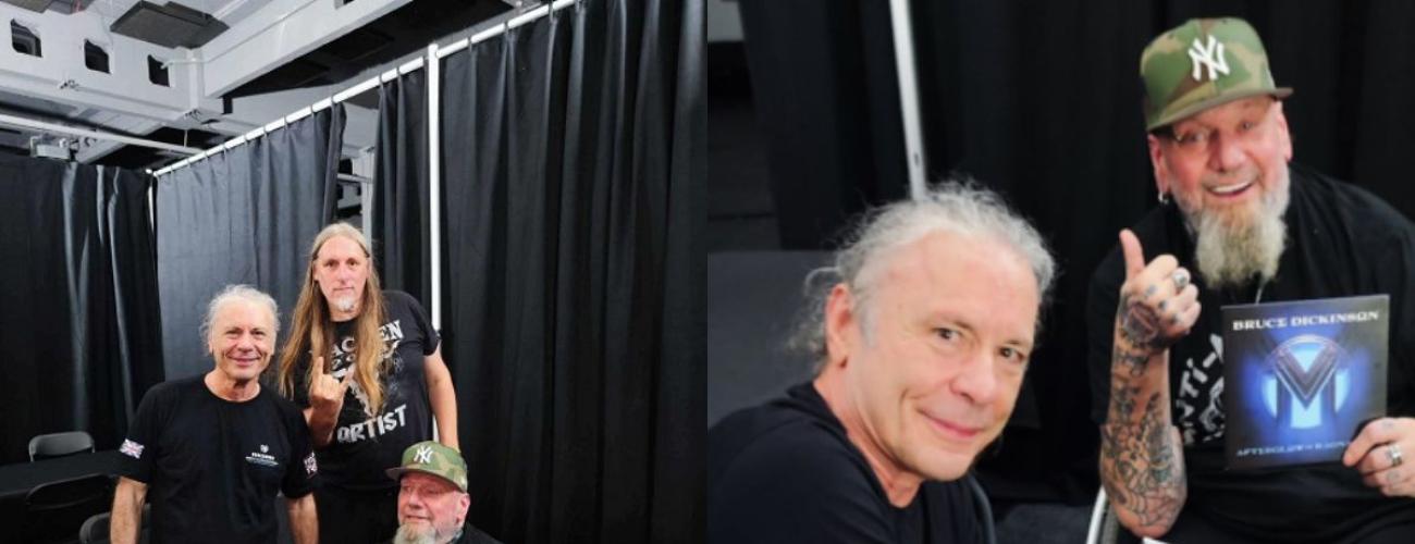 Two photos of Bruce Dickinson and Paul Di'Anno meeting at a signing event in Croatia