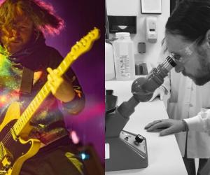 Mike Einziger playing guitar with Incubus and Mike Einziger looking at a microscope
