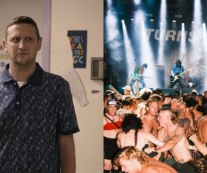 A comp image of Tim Robinson from I Think You Should Leave and a picture of Turnstile performing live