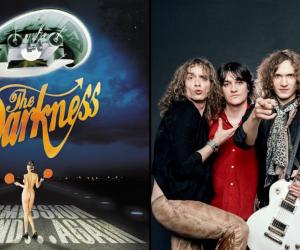A comp image of the cover art for Permission to Land...Again and a picture of The Darkness from 2003. 