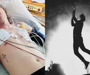 Dennis Lyxzen from Refused photographed on a hospital bed, and a black and white photo of  him performing with Refused, jumping in the air.