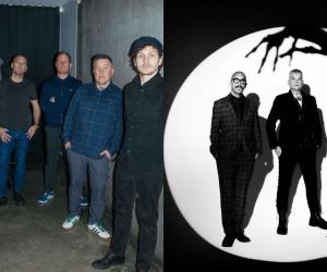 A black and white photo of Alkaline Trio is shown on the right and a full colour photo of Dropkick Murphys is shown on the left. 