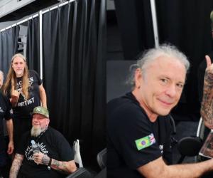 Two photos of Bruce Dickinson and Paul Di'Anno meeting at a signing event in Croatia
