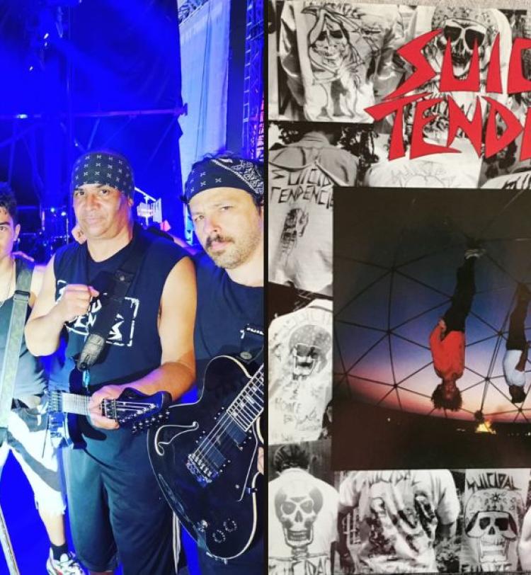 A photo of Suicidal Tendencies and the artwork for their 1983 self-titled album