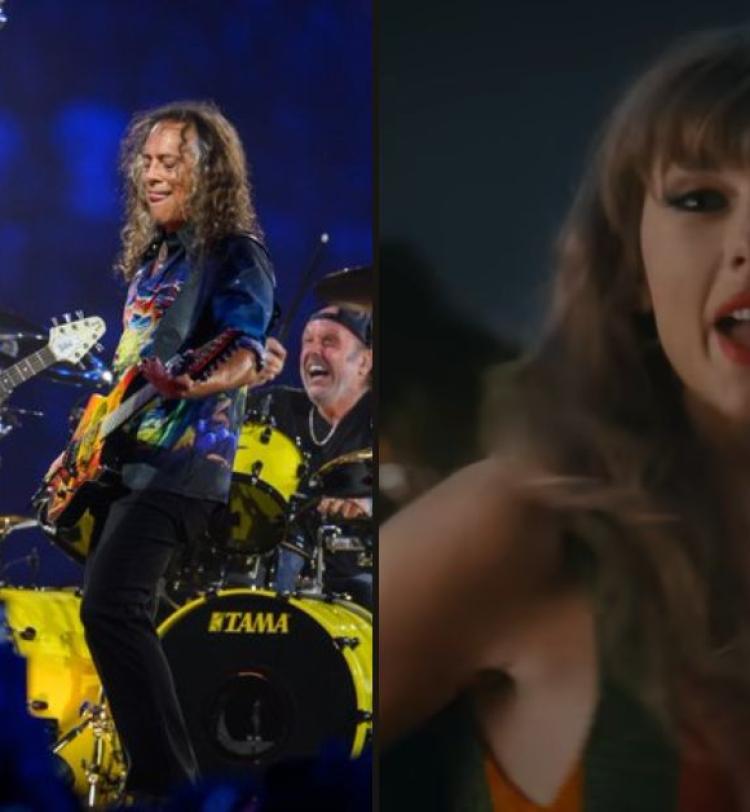 Metallica performing live at SoFi Stadium, Taylor Swift screenshot from 'Anti-Hero' video