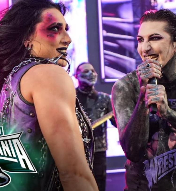 Rhea Ripley and Motionless In White performing live together at WrestleMania 40, Photo Credit: WWE/YouTube