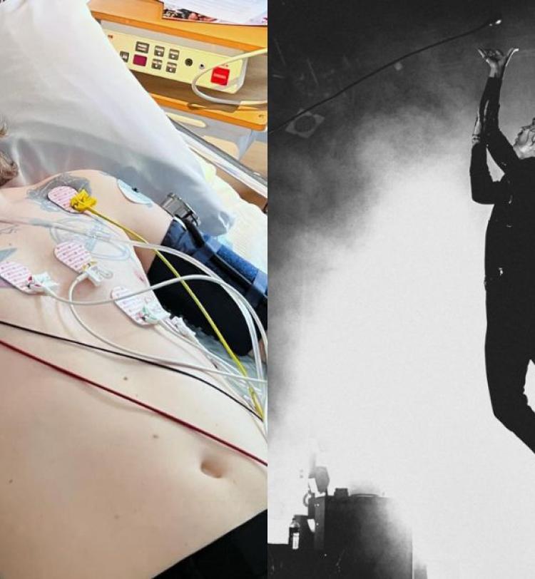 Dennis Lyxzen from Refused photographed on a hospital bed, and a black and white photo of  him performing with Refused, jumping in the air.