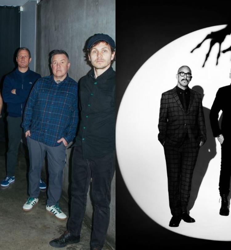 A black and white photo of Alkaline Trio is shown on the right and a full colour photo of Dropkick Murphys is shown on the left. 