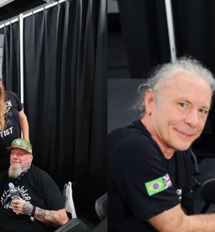 Two photos of Bruce Dickinson and Paul Di'Anno meeting at a signing event in Croatia