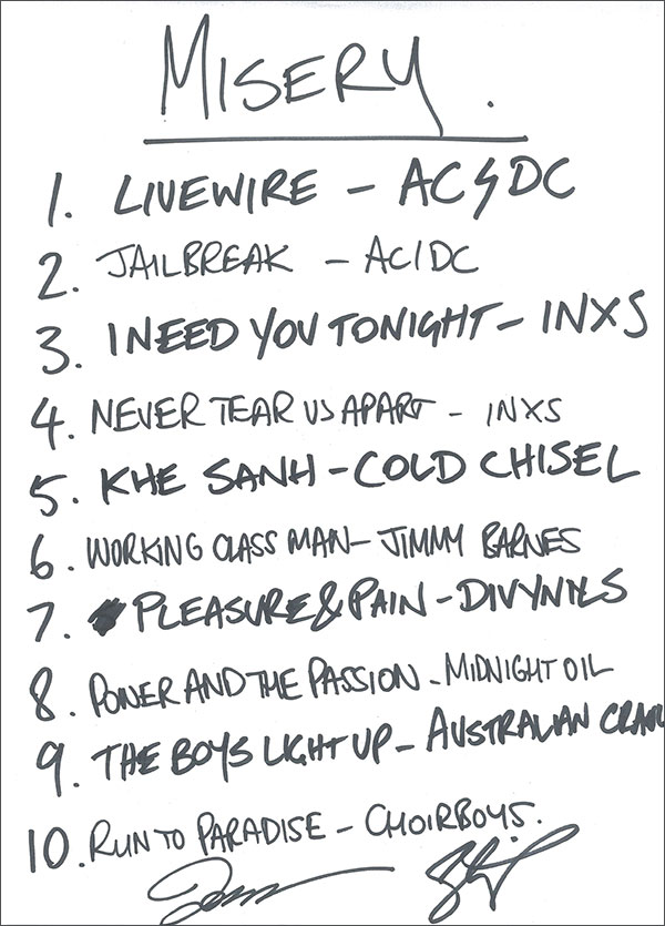 Misery playlist. Hand-written by Joel Birch and Ahren Stringer.